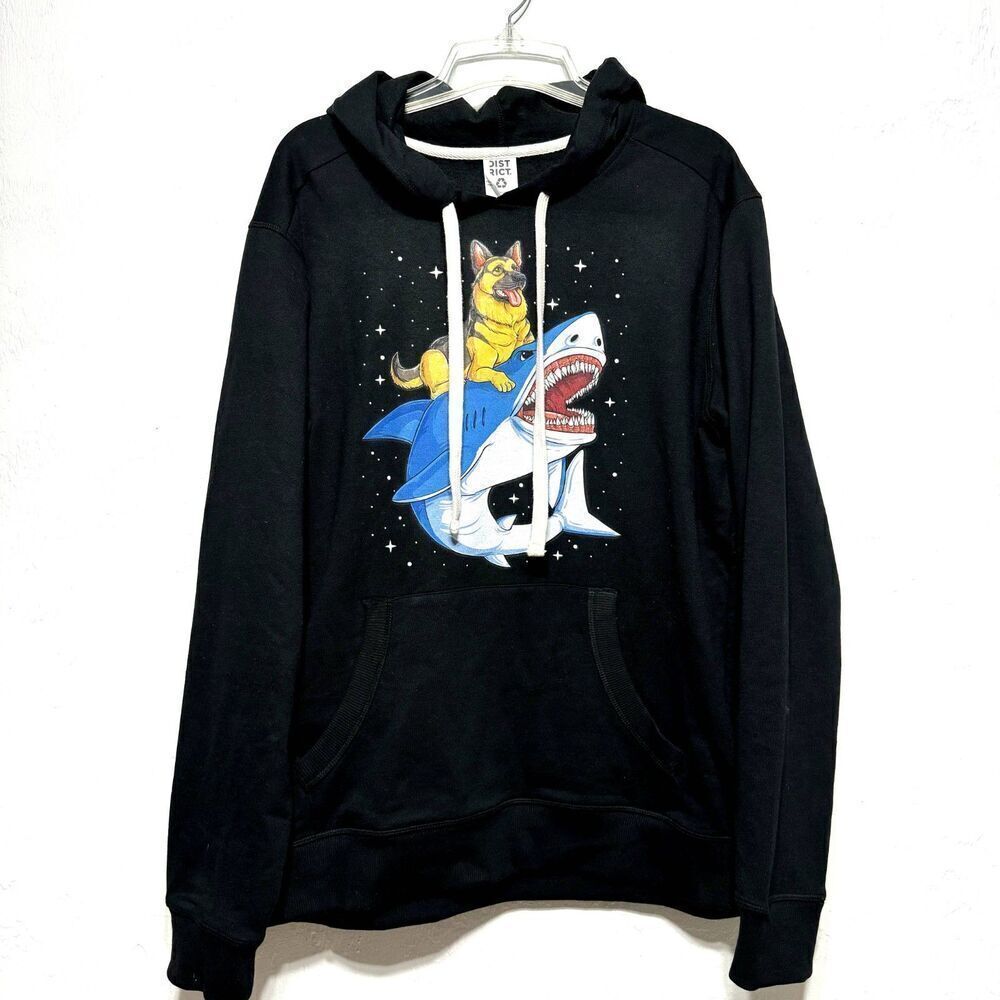District Sweatshirt German Shepherd Shark Dog Pullover Hoodie Black sz Large